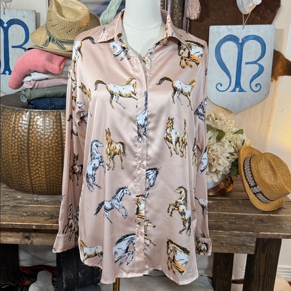 Mazik Tops - Mazik Beige and Yellow Horse Satin Blouse